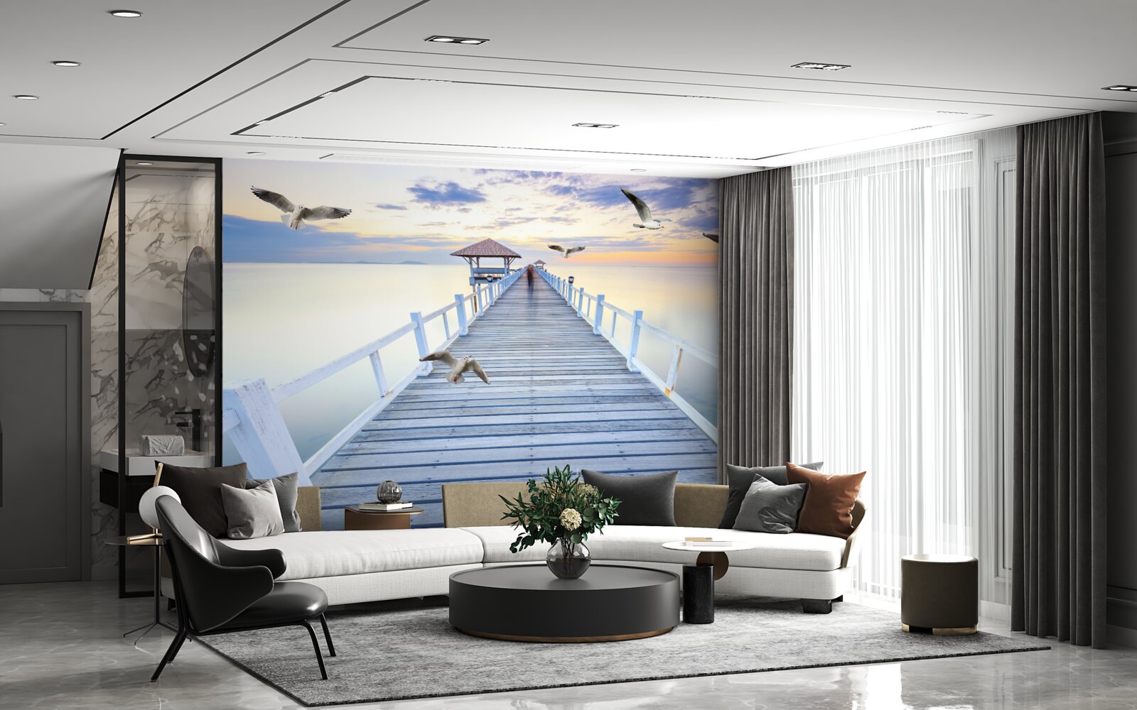 Papier peint jetée en bois et mouettes qui passent