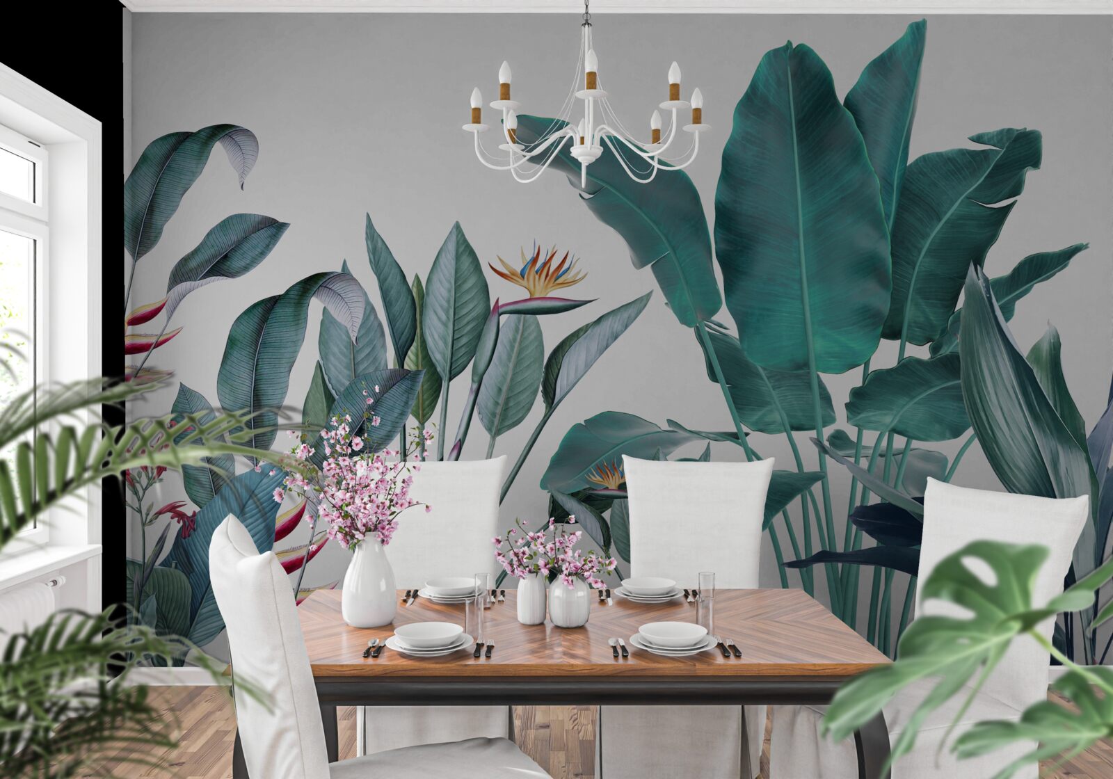 Papier peint fleurs vertes sous les tropiques enfumés