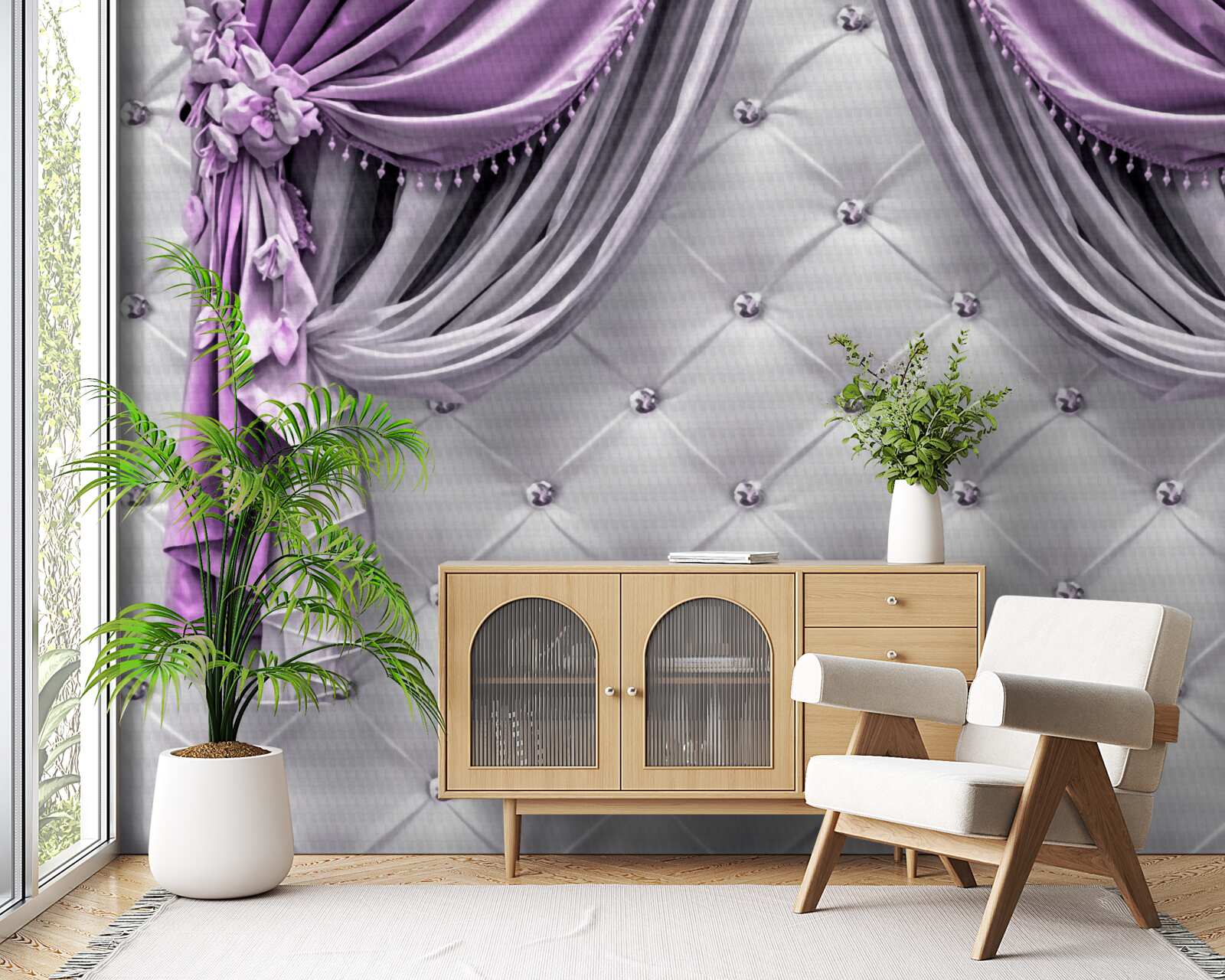 Papier peint tissu blanc délicat et rideaux violets