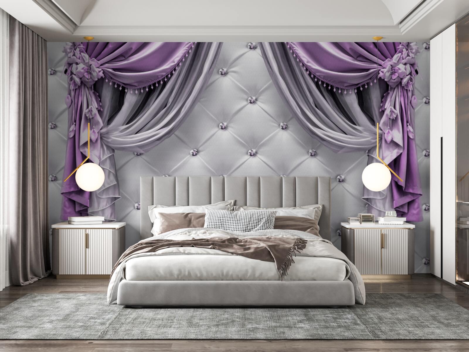 Papier peint tissu blanc délicat et rideaux violets