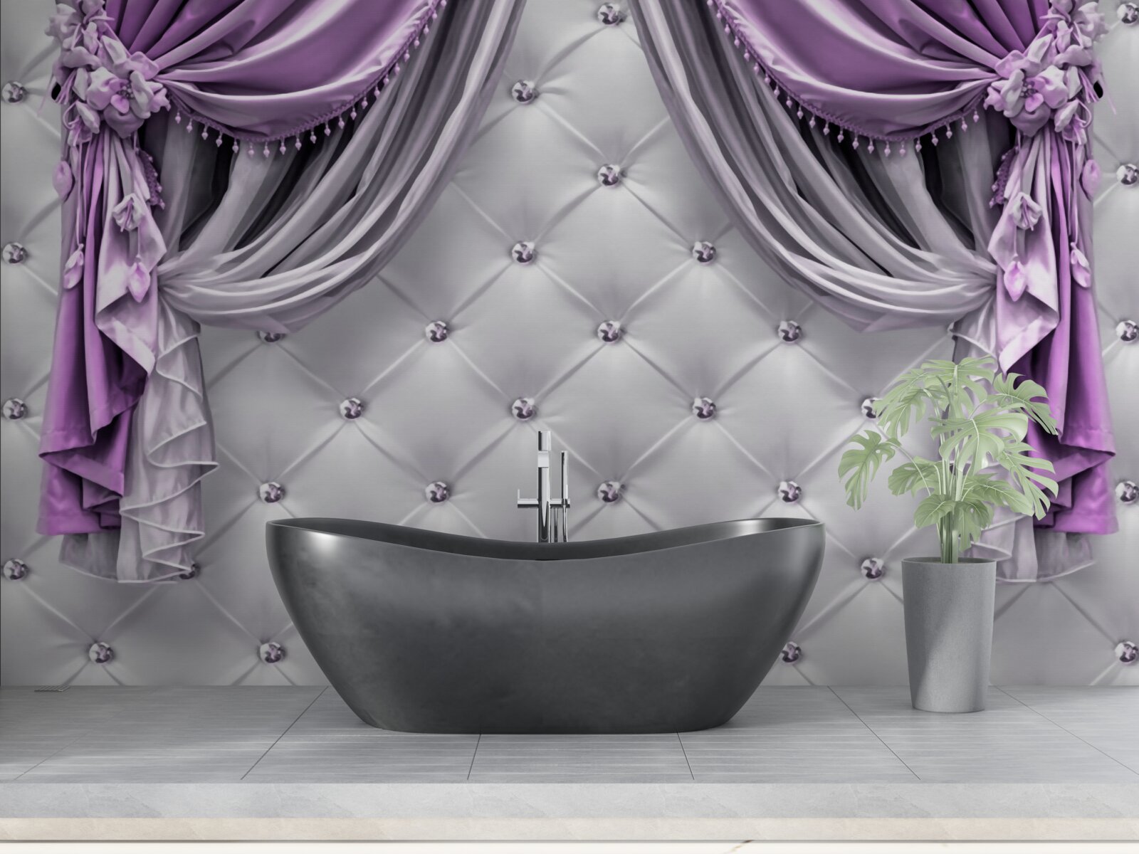 Papier peint tissu blanc délicat et rideaux violets