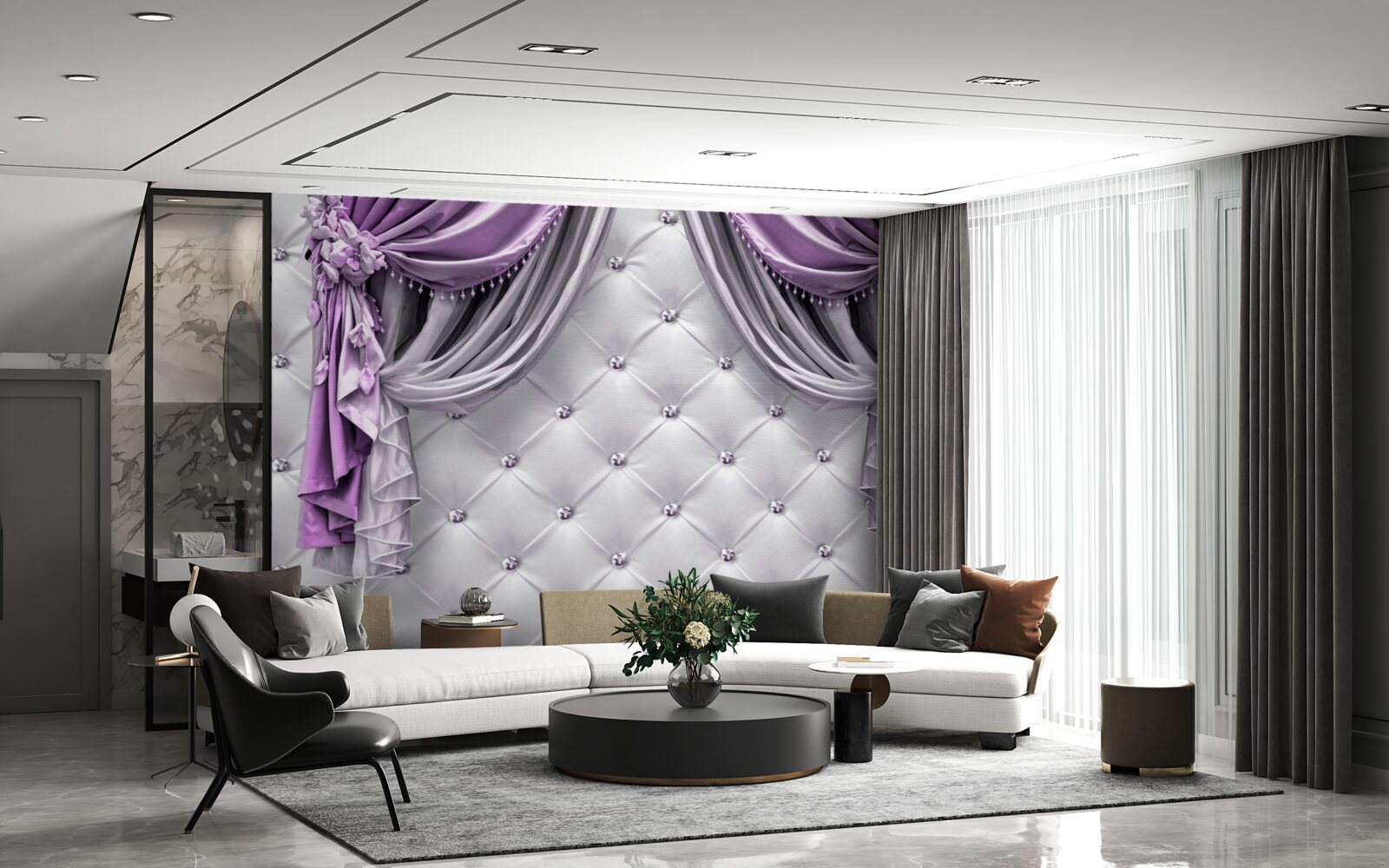 Papier peint tissu blanc délicat et rideaux violets