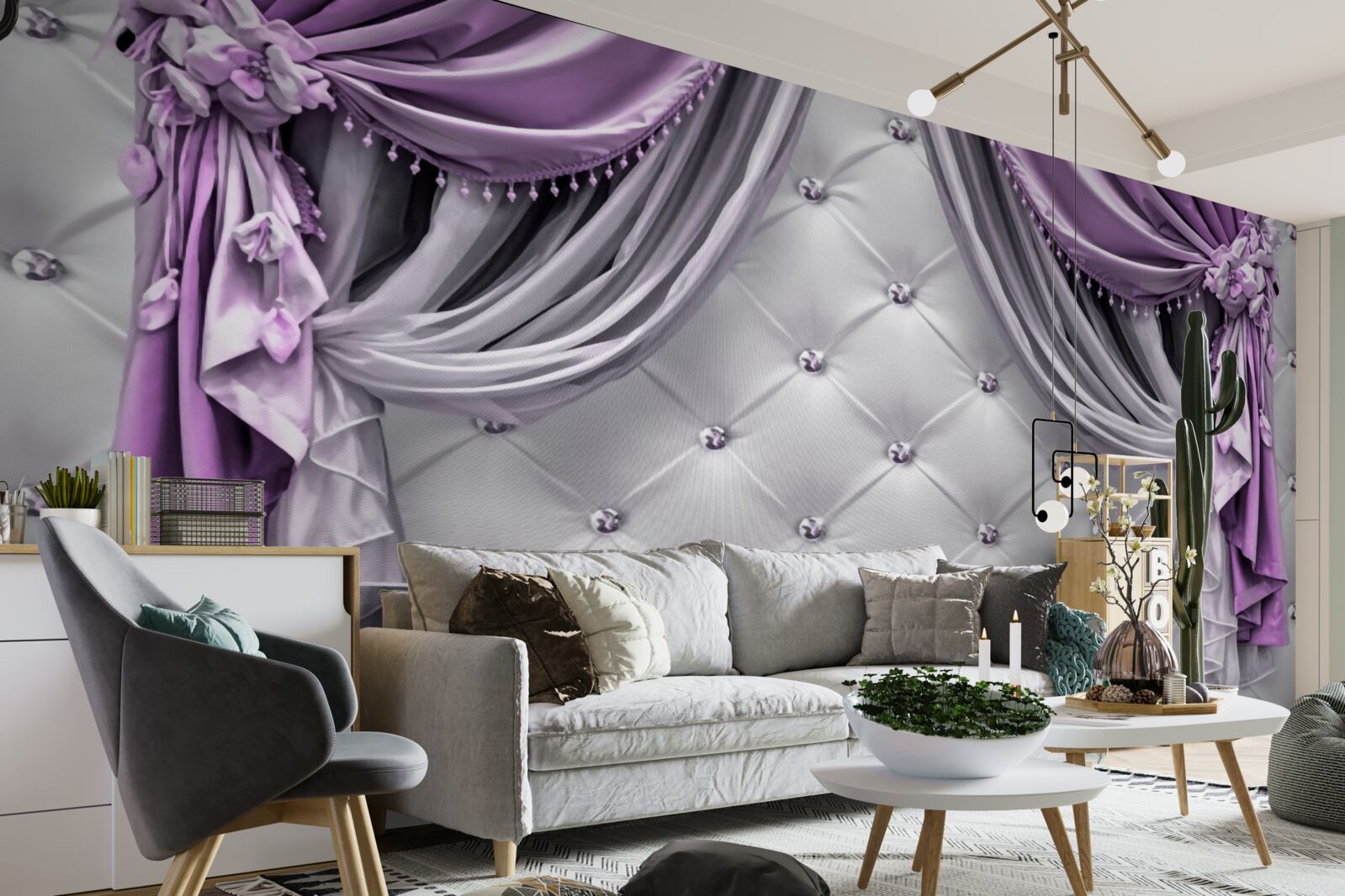 Papier peint tissu blanc délicat et rideaux violets