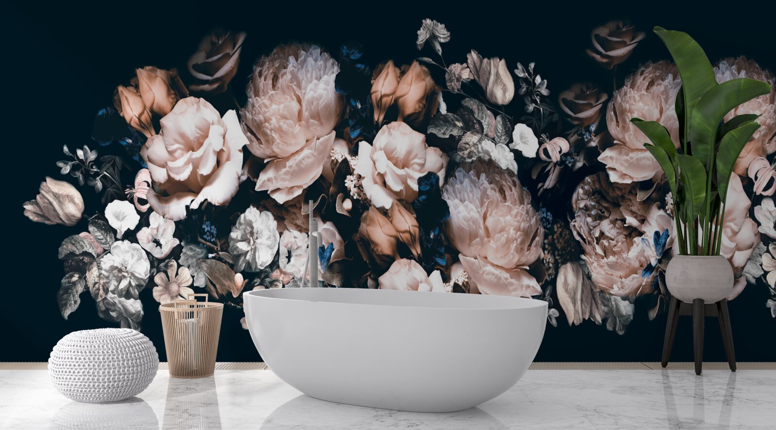 Papier peint Fleurs dans les tons de blanc et de rose dans la composition