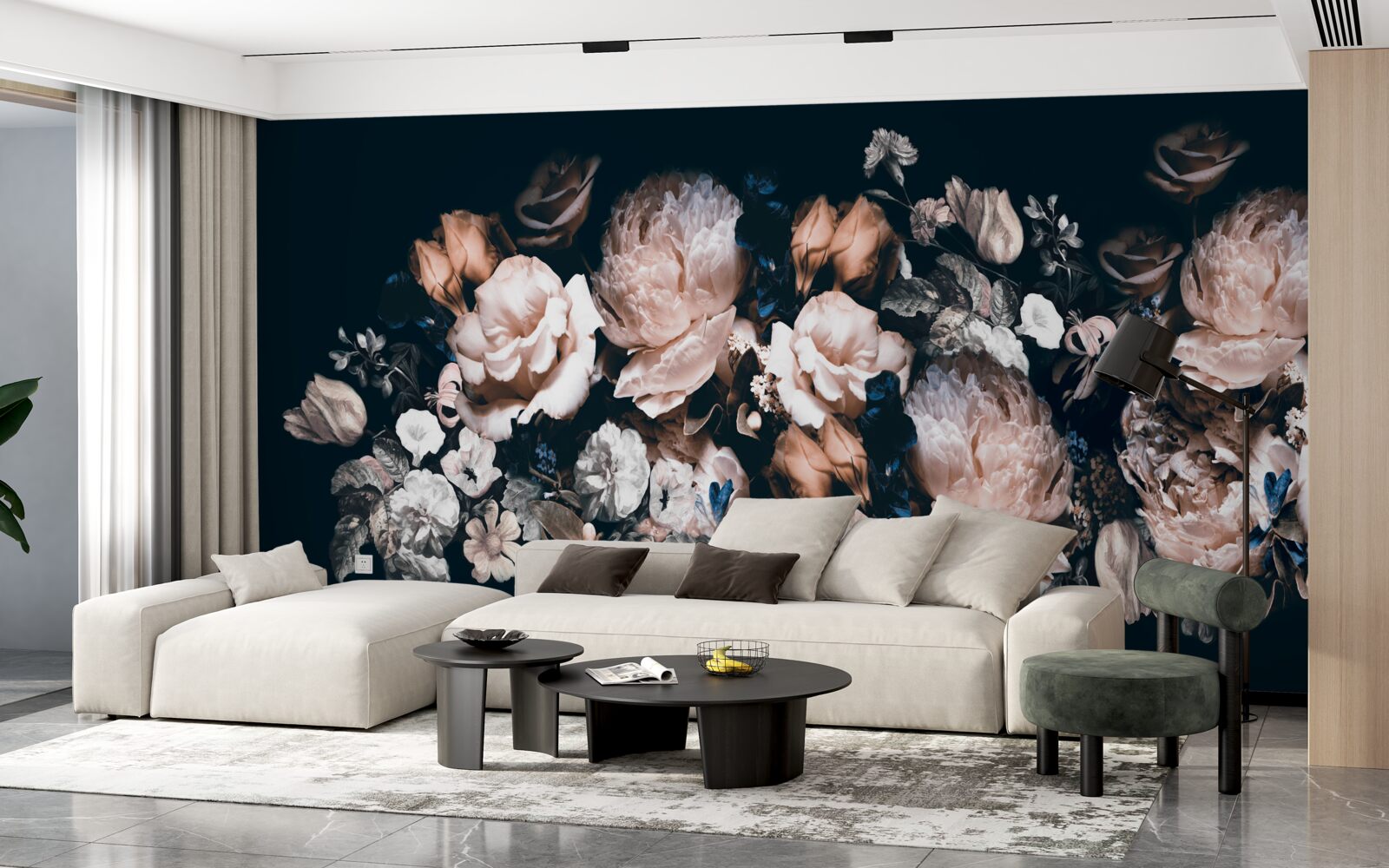 Papier peint Fleurs dans les tons de blanc et de rose dans la composition