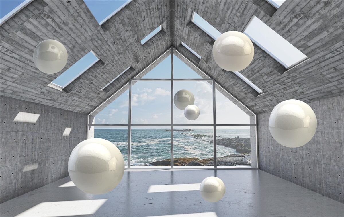 Papier peint perles sphériques flottantes à l'intérieur d'un bâtiment gris