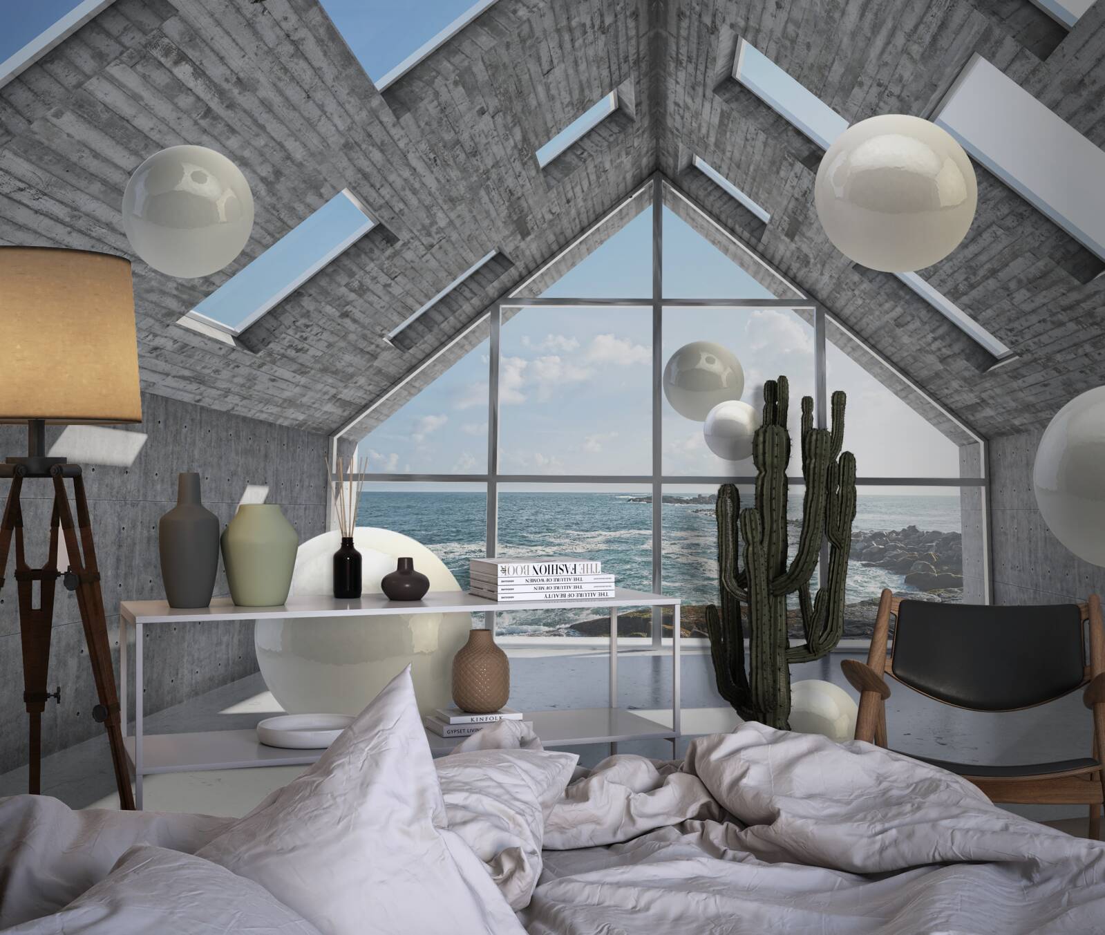 Papier peint perles sphériques flottantes à l'intérieur d'un bâtiment gris