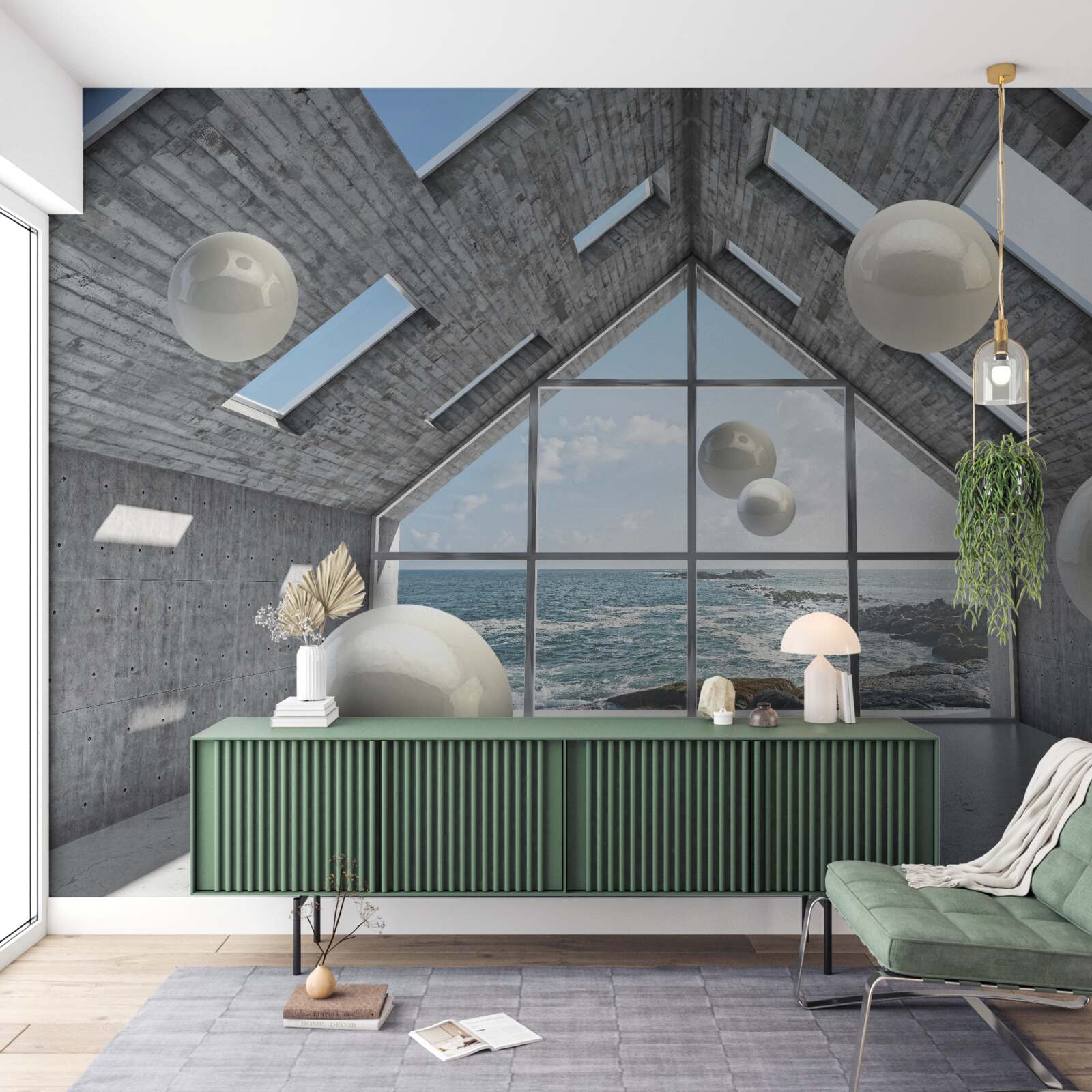 Papier peint perles sphériques flottantes à l'intérieur d'un bâtiment gris