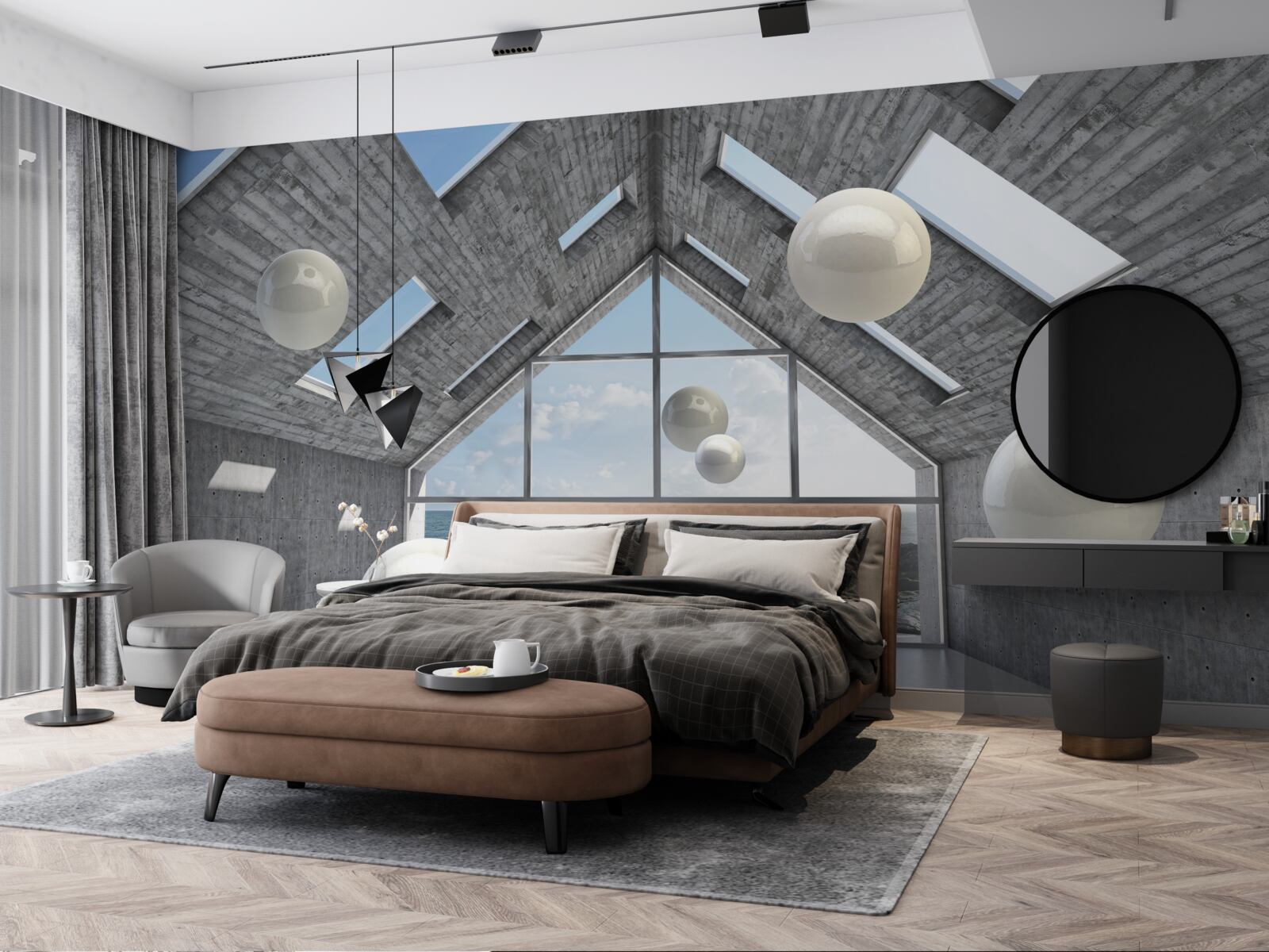 Papier peint perles sphériques flottantes à l'intérieur d'un bâtiment gris