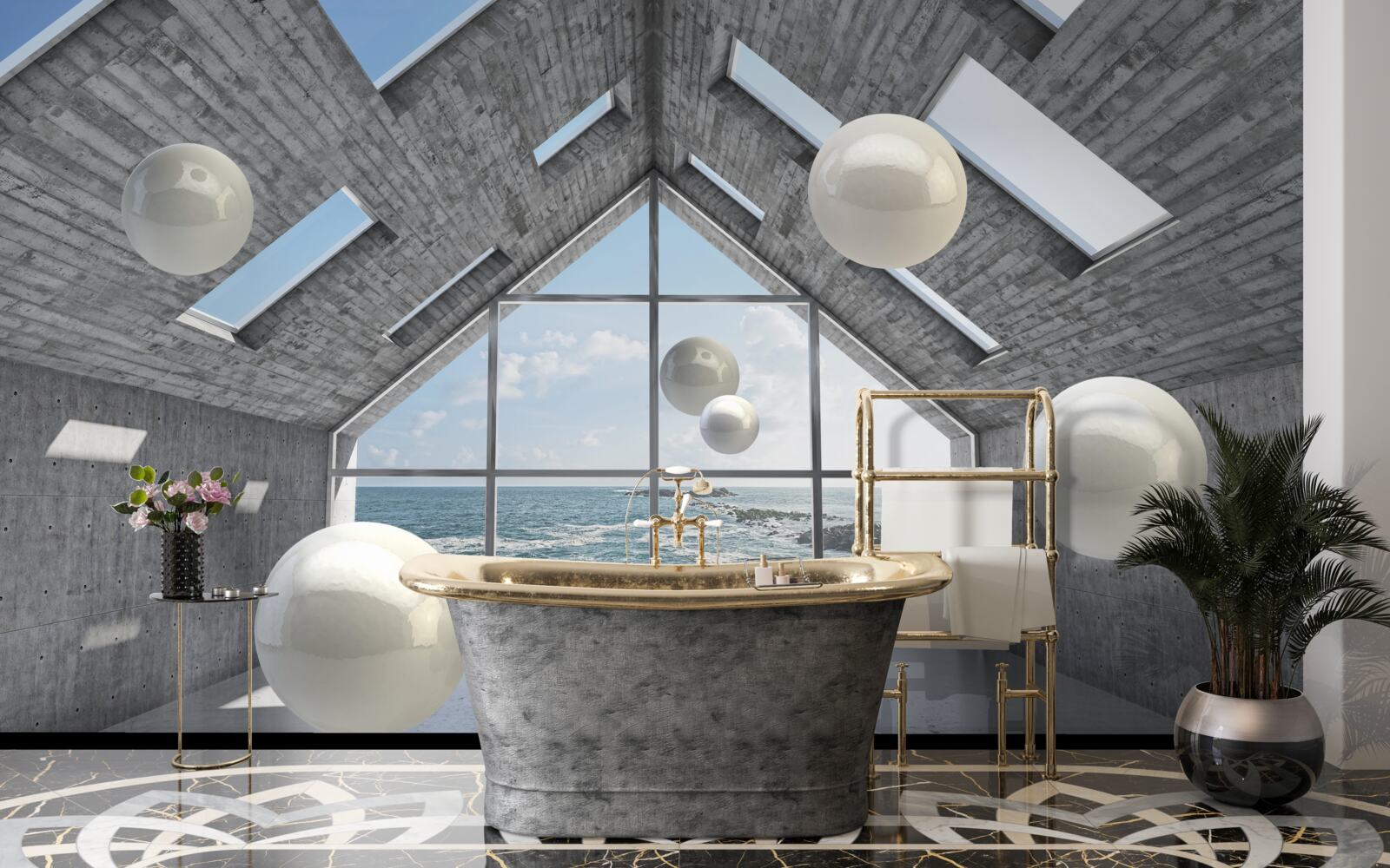 Papier peint perles sphériques flottantes à l'intérieur d'un bâtiment gris