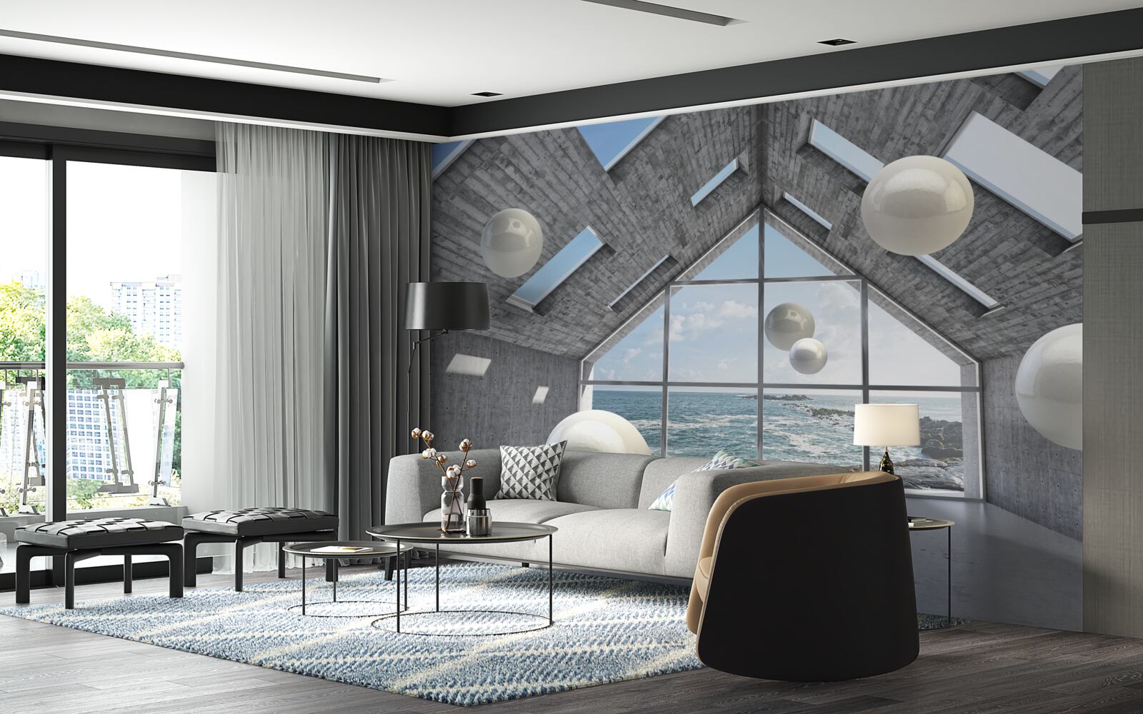 Papier peint perles sphériques flottantes à l'intérieur d'un bâtiment gris