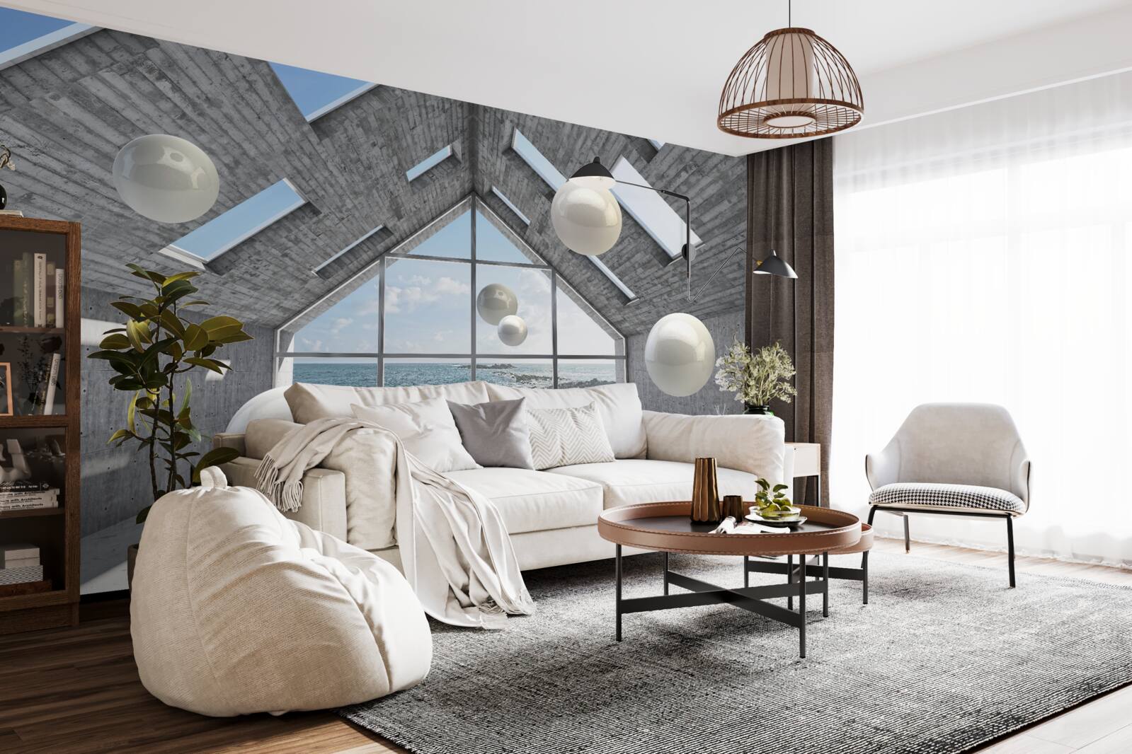 Papier peint perles sphériques flottantes à l'intérieur d'un bâtiment gris