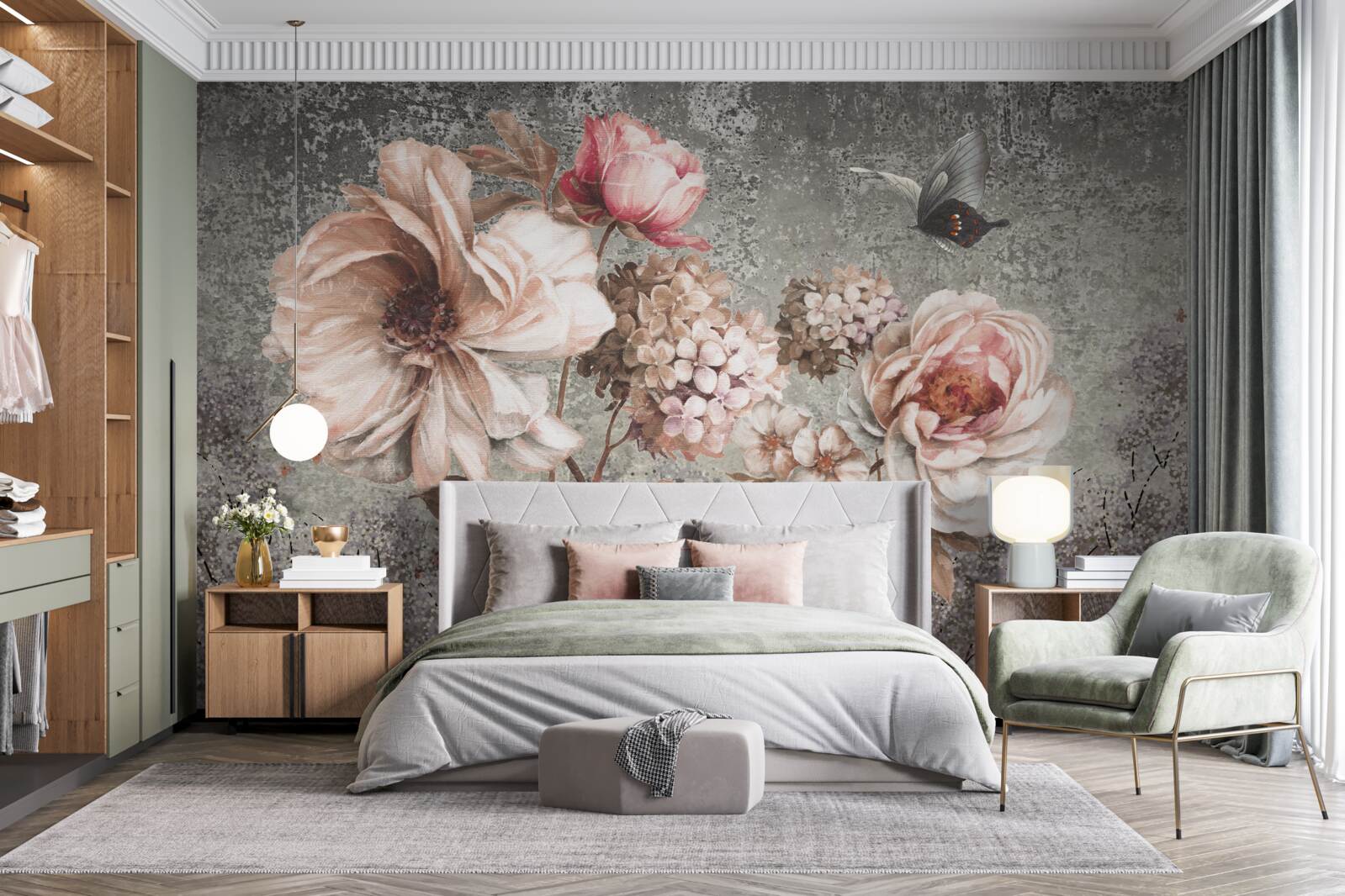 Papier peint bourgeons rose tendre de belles fleurs