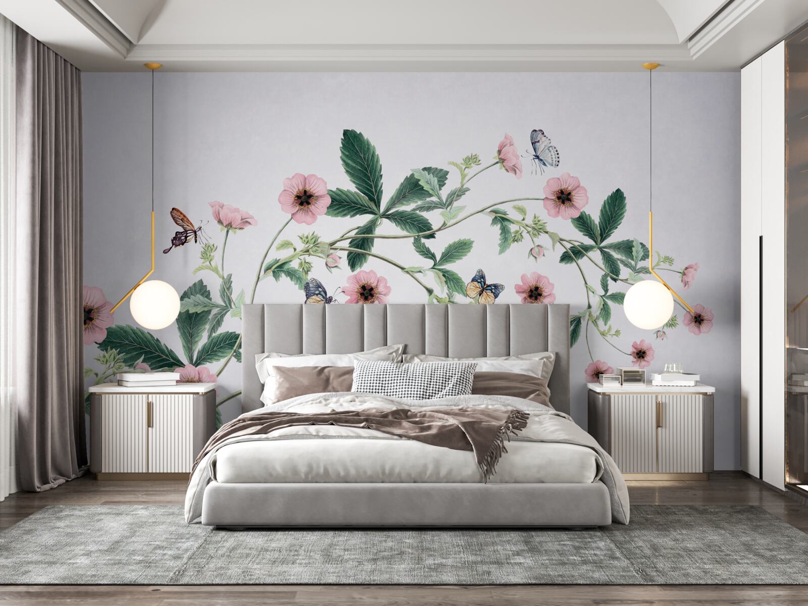 Papier peint bourgeons roses sur des branches sur fond gris