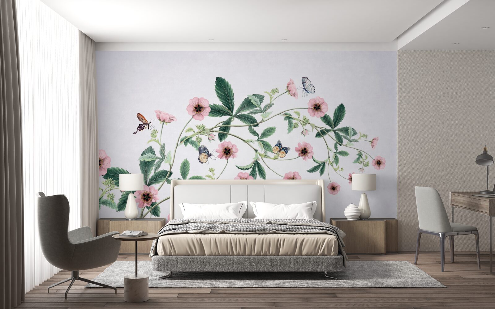 Papier peint bourgeons roses sur des branches sur fond gris