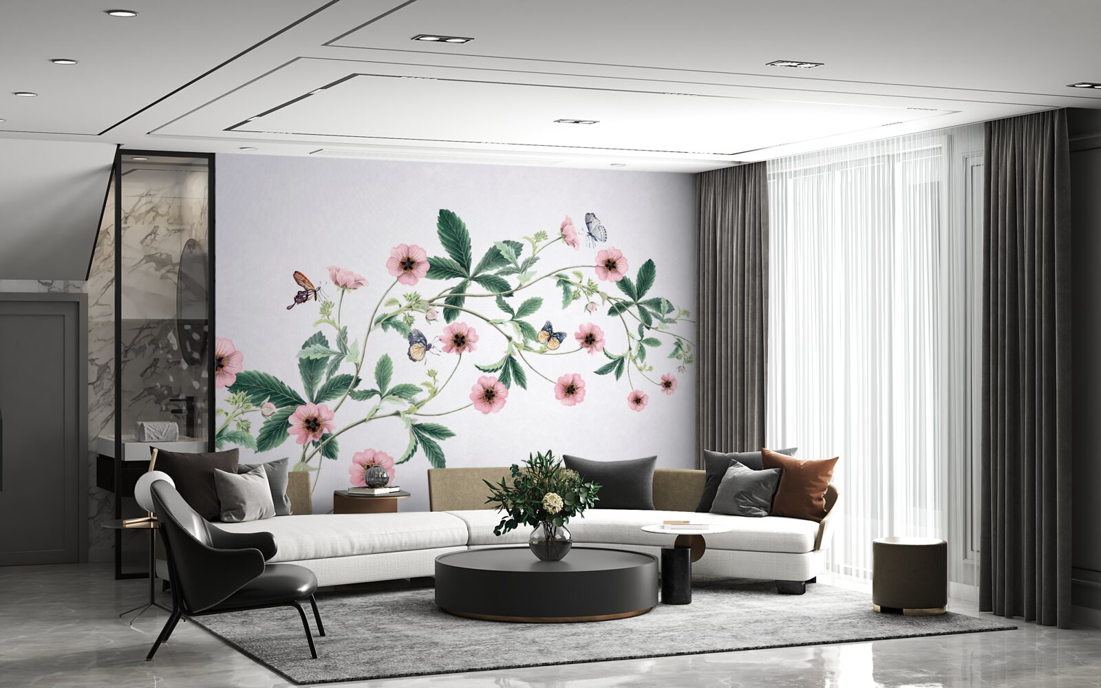 Papier peint bourgeons roses sur des branches sur fond gris