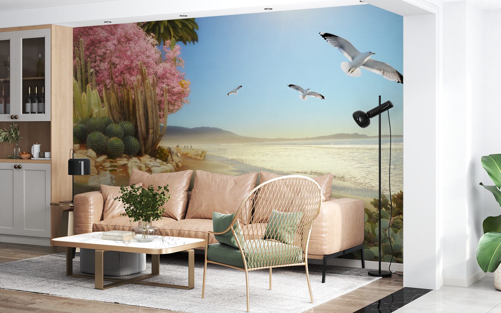 Papier peint une volée de mouettes survole un rivage calme