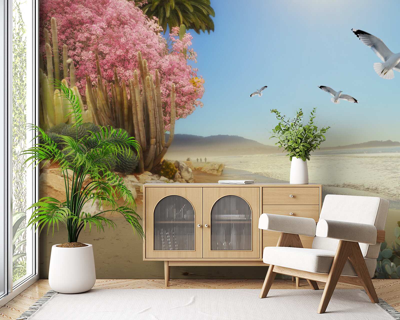 Papier peint une volée de mouettes survole un rivage calme