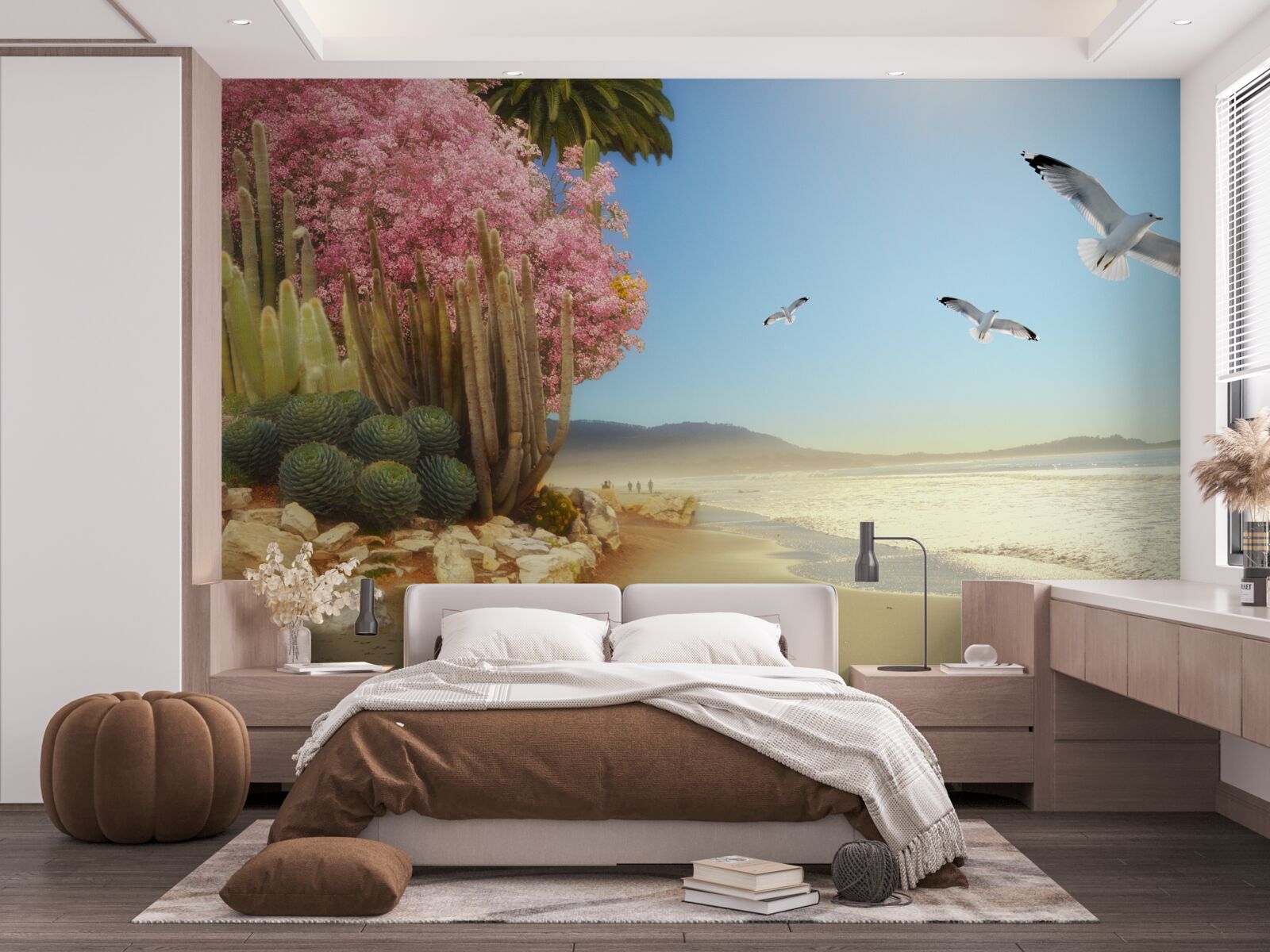 Papier peint une volée de mouettes survole un rivage calme