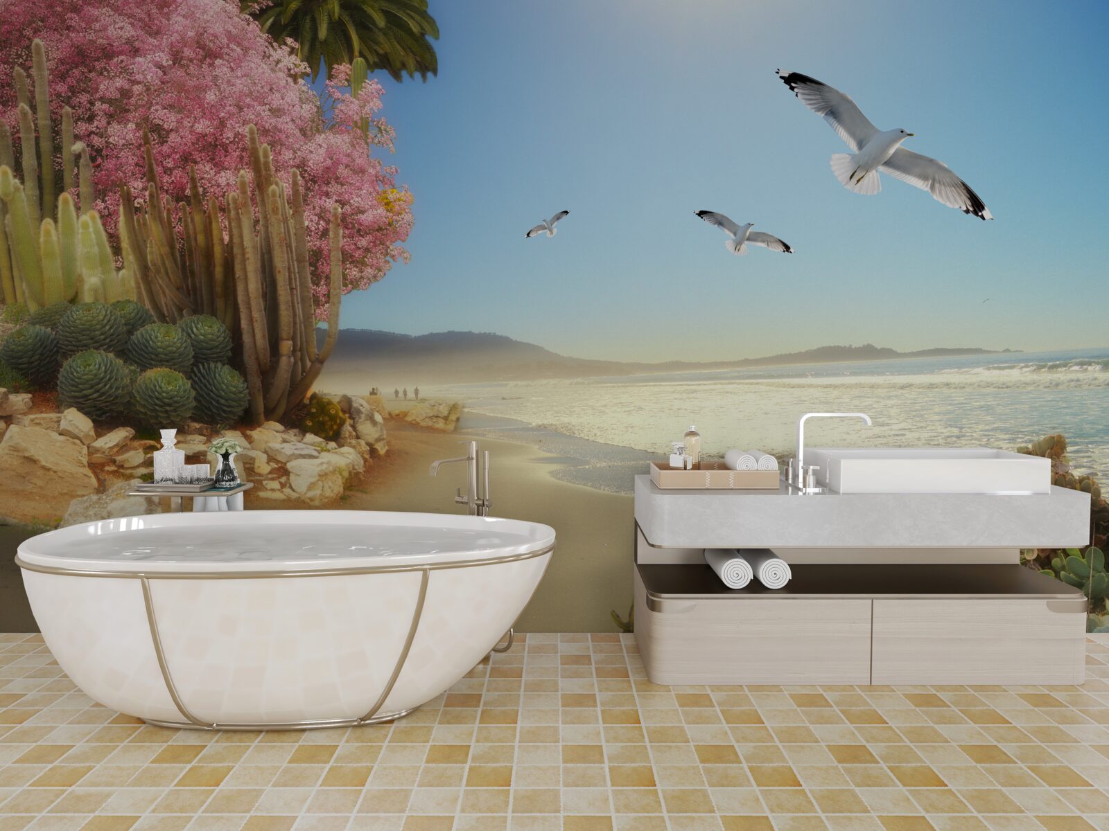 Papier peint une volée de mouettes survole un rivage calme