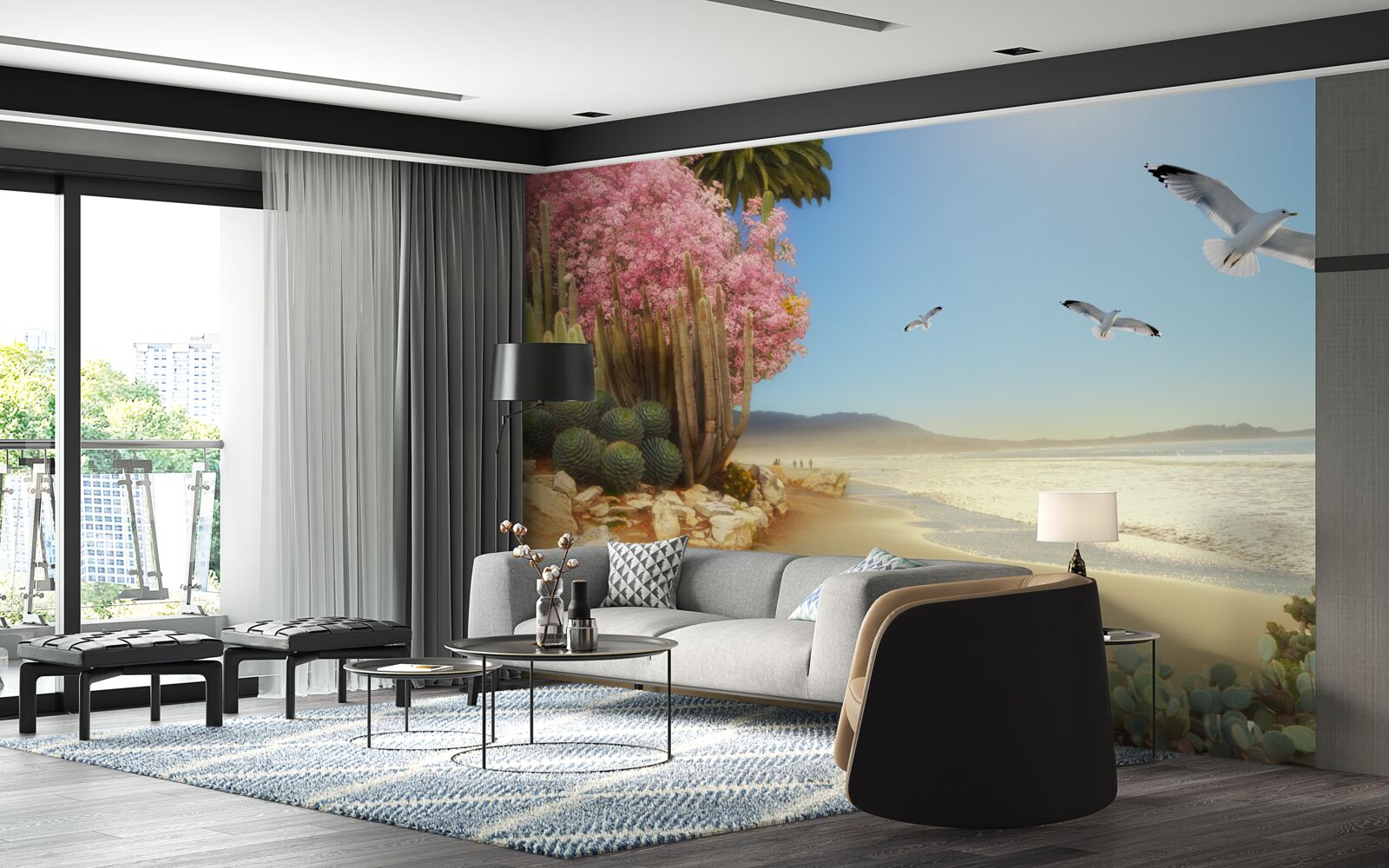 Papier peint une volée de mouettes survole un rivage calme