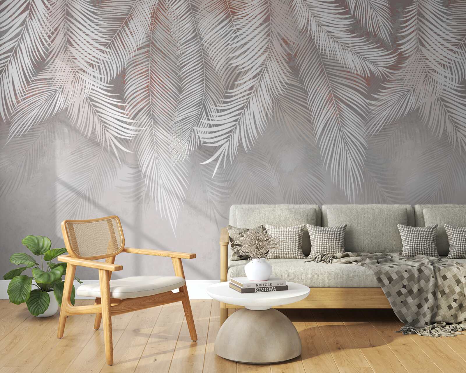 Papier peint branches de fougères gris clair