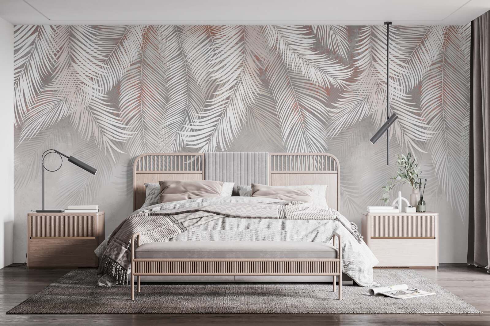 Papier peint branches de fougères gris clair