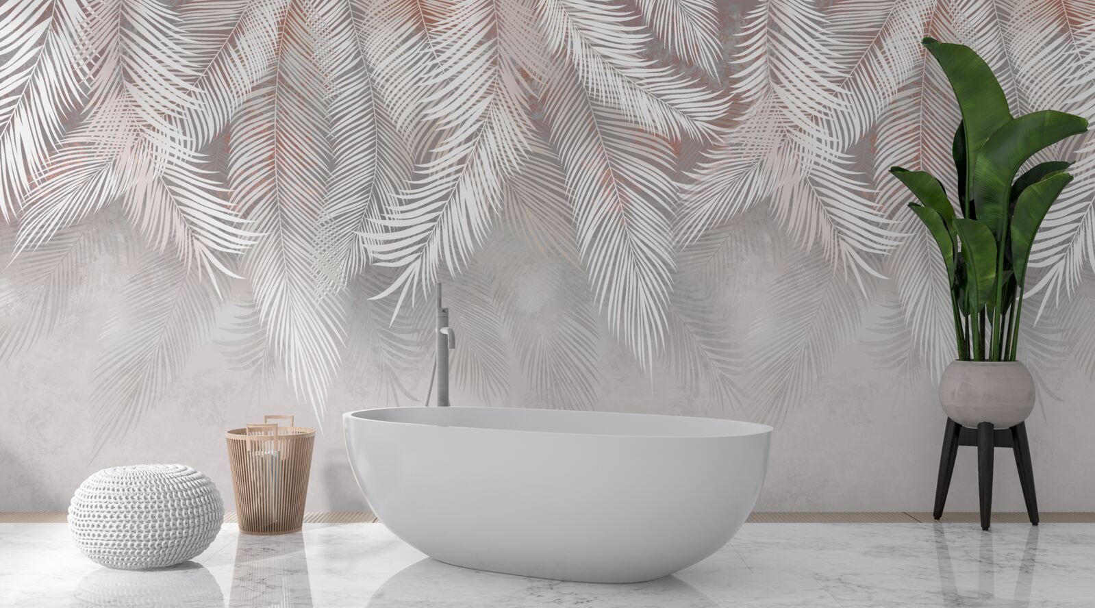 Papier peint branches de fougères gris clair