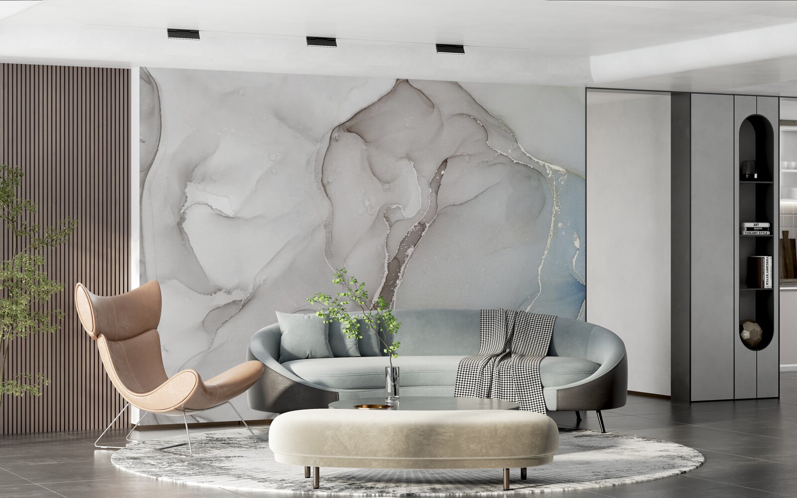 Papier peint marbre gris clair entrecoupé de tons dorés et bleus