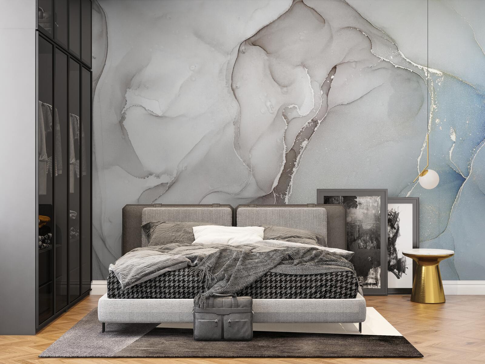 Papier peint marbre gris clair entrecoupé de tons dorés et bleus