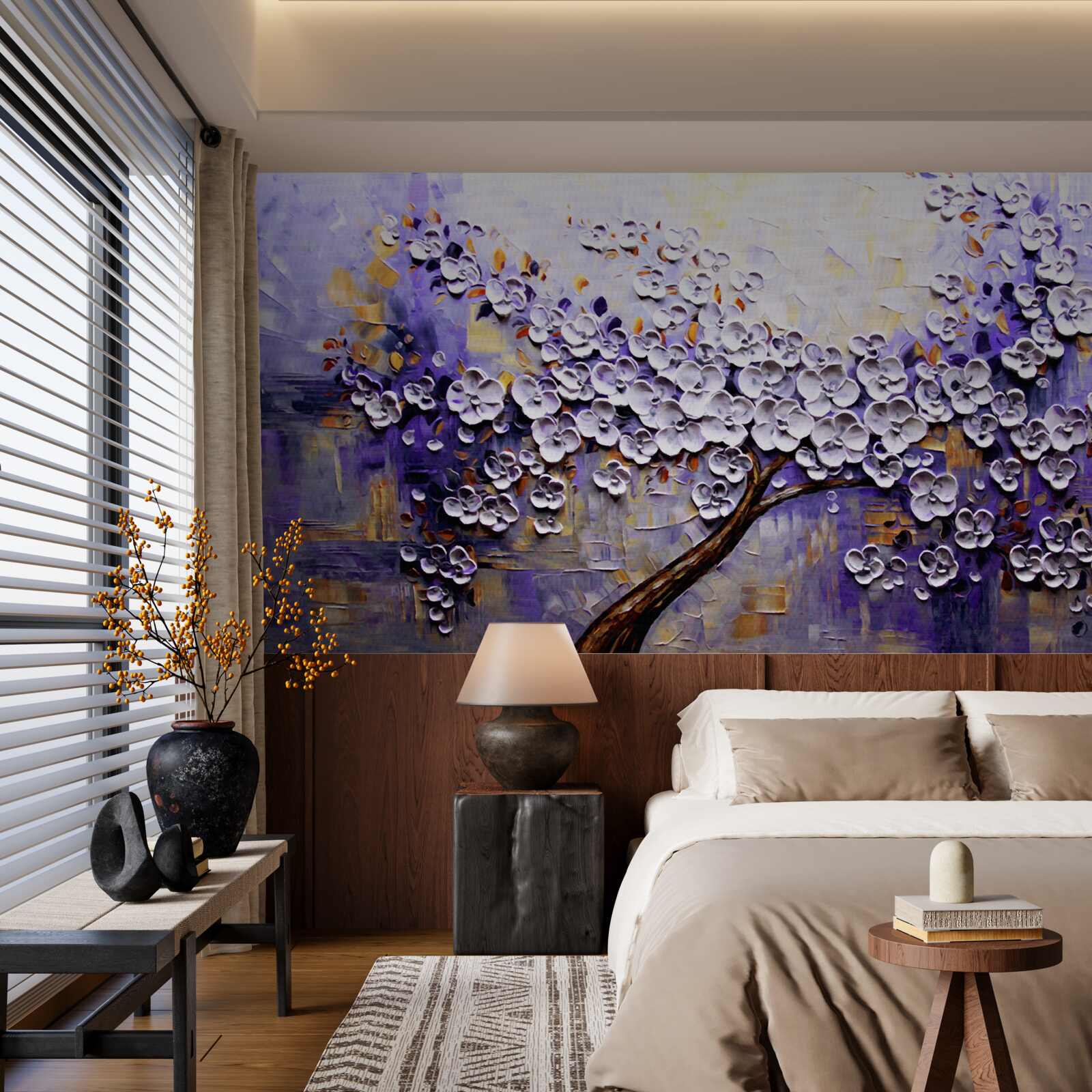 Papier peint des fleurs légères et lumineuses s'épanouissent sur l'arbre