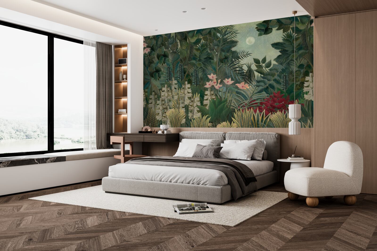 Papier peint la lune brille dans le ciel nocturne au-dessus de la forêt tropicale verte