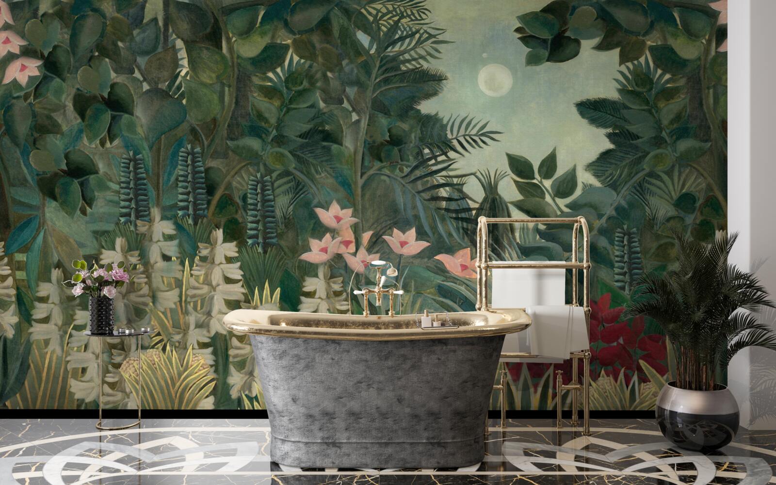 Papier peint la lune brille dans le ciel nocturne au-dessus de la forêt tropicale verte