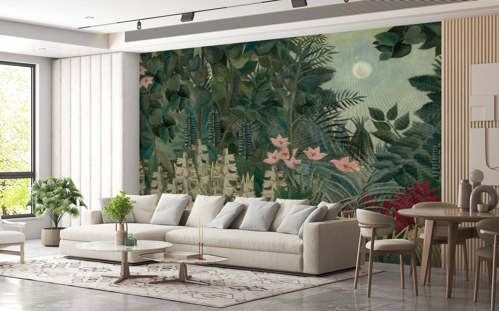 Papier peint la lune brille dans le ciel nocturne au-dessus de la forêt tropicale verte