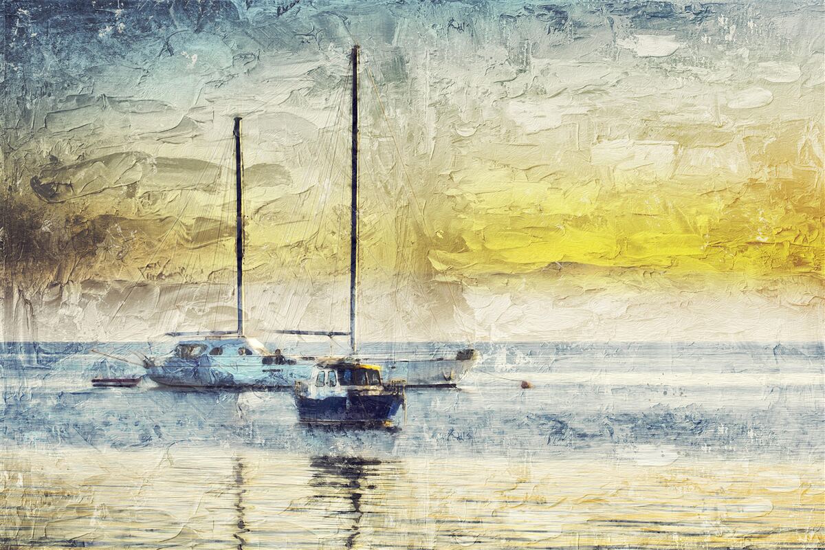 Papier peint le coucher de soleil colore les yachts dans la baie