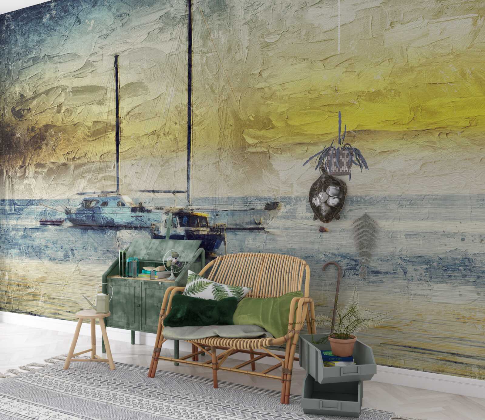 Papier peint le coucher de soleil colore les yachts dans la baie