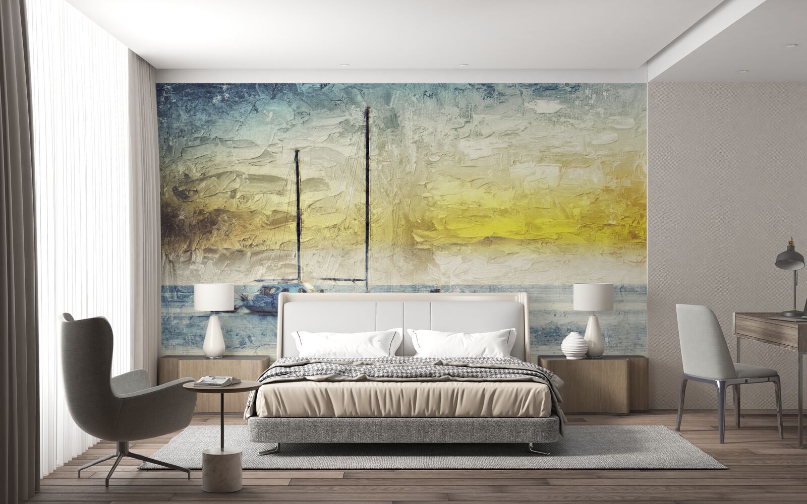 Papier peint le coucher de soleil colore les yachts dans la baie