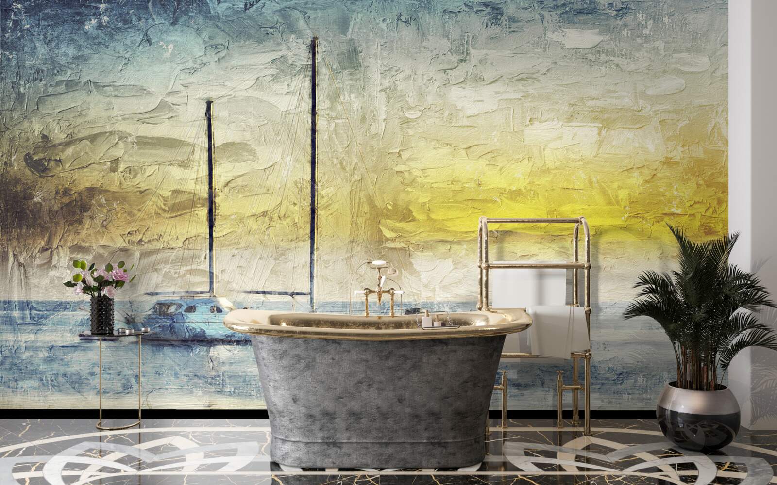 Papier peint le coucher de soleil colore les yachts dans la baie