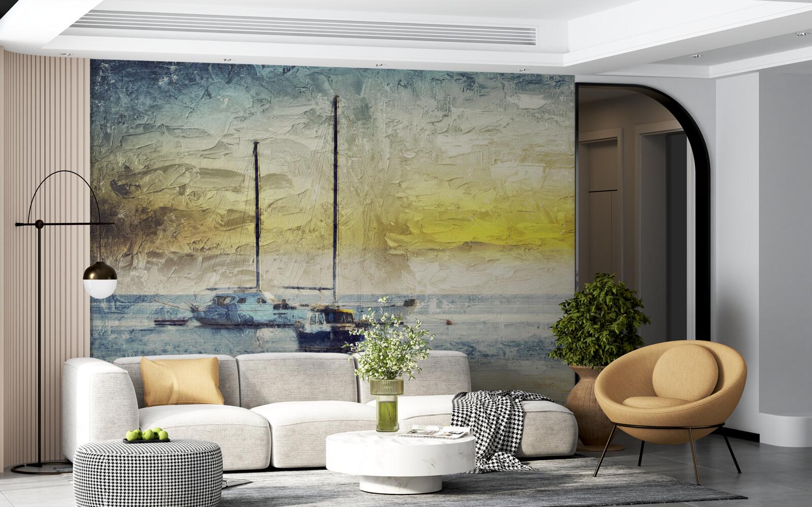 Papier peint le coucher de soleil colore les yachts dans la baie