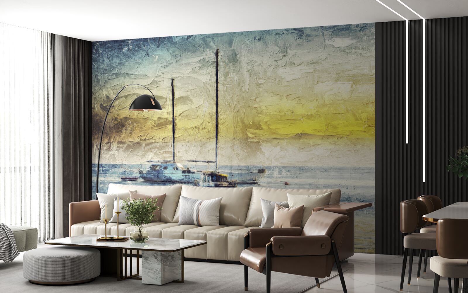 Papier peint le coucher de soleil colore les yachts dans la baie