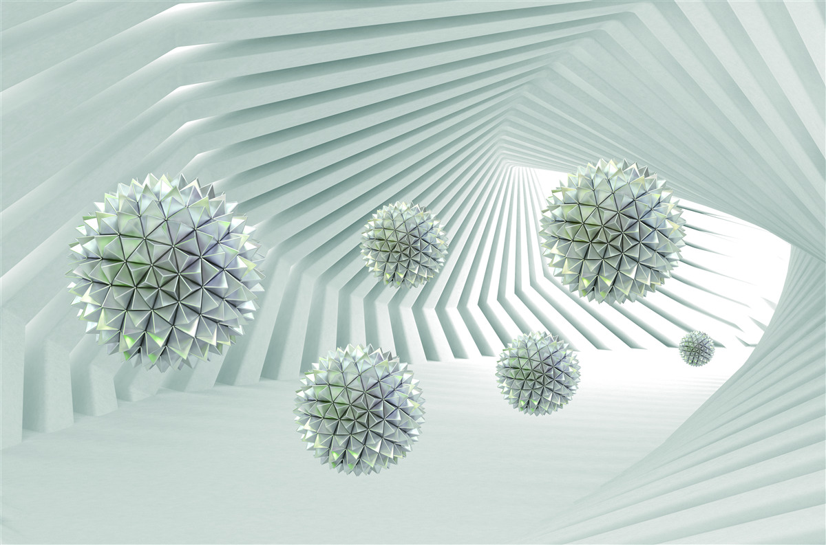 Papier peint Tunnel avec motif géométrique et boules volantes