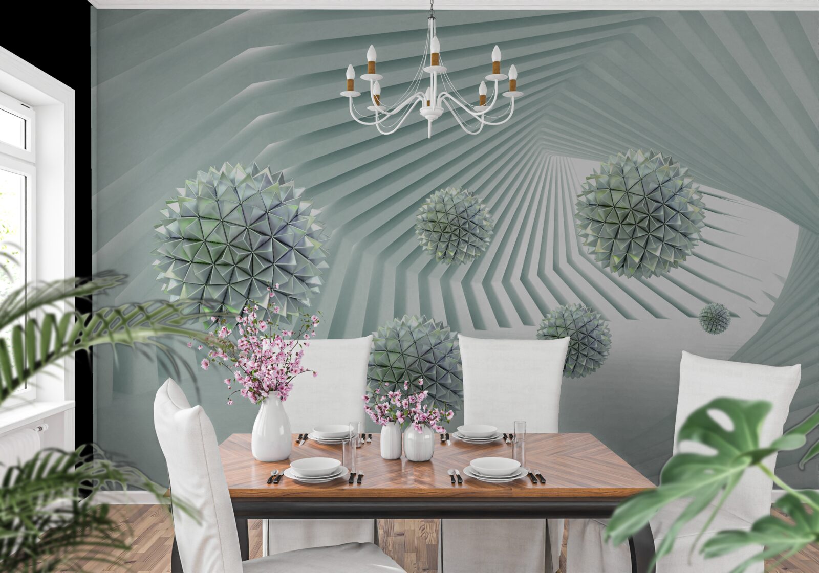 Papier peint Tunnel avec motif géométrique et boules volantes