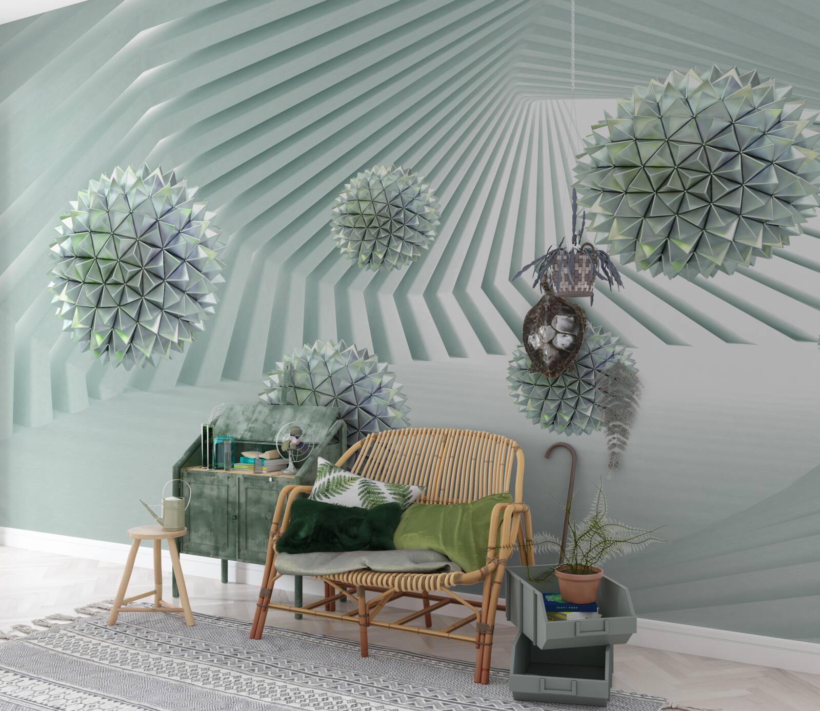 Papier peint Tunnel avec motif géométrique et boules volantes