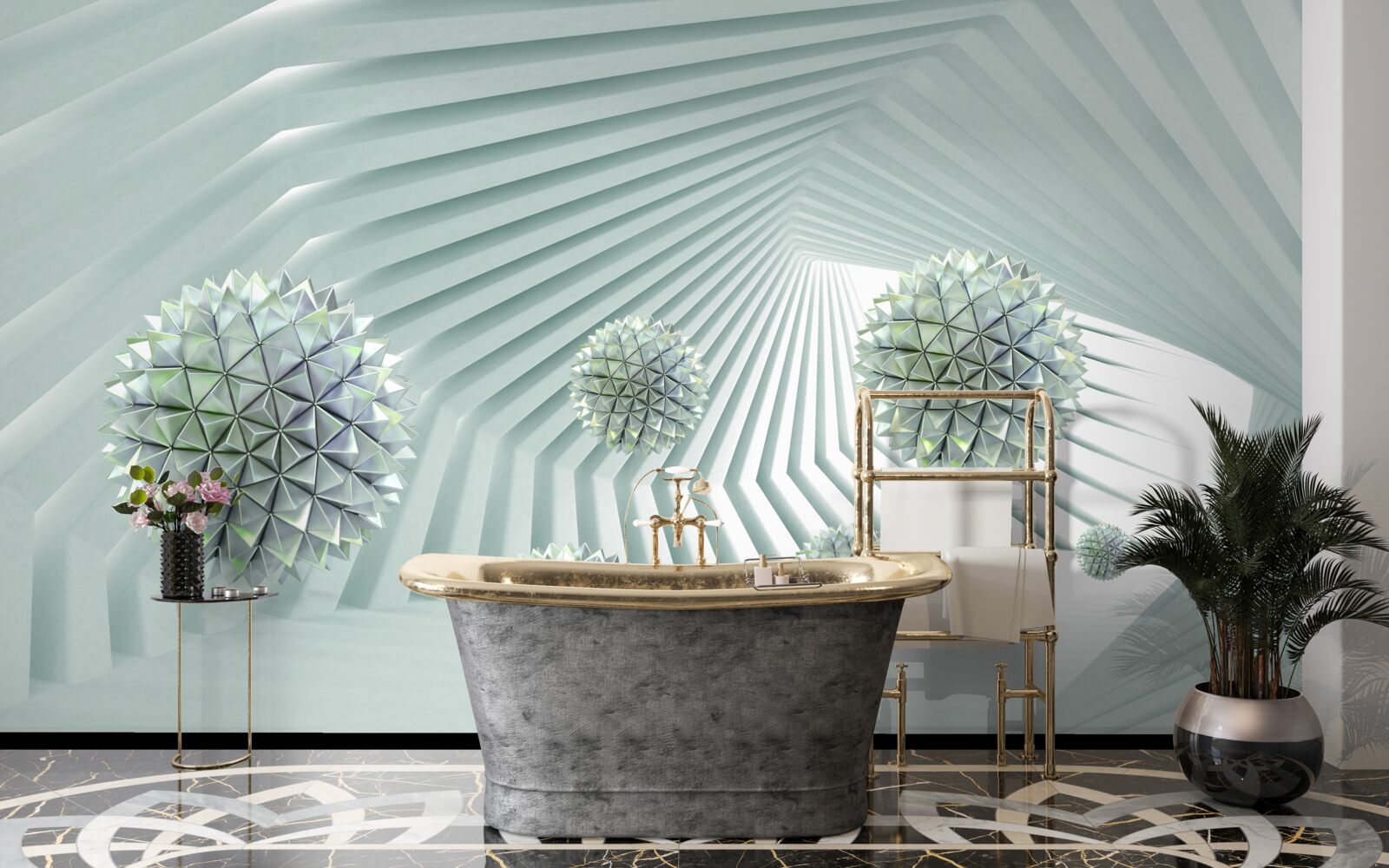 Papier peint Tunnel avec motif géométrique et boules volantes