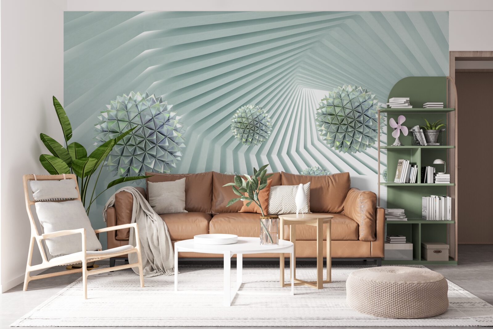 Papier peint Tunnel avec motif géométrique et boules volantes