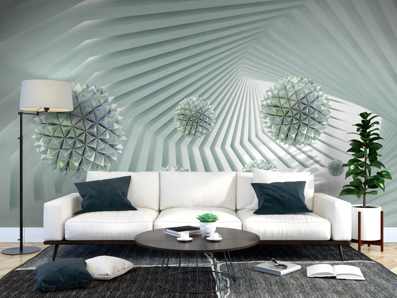 Papier peint Tunnel avec motif géométrique et boules volantes