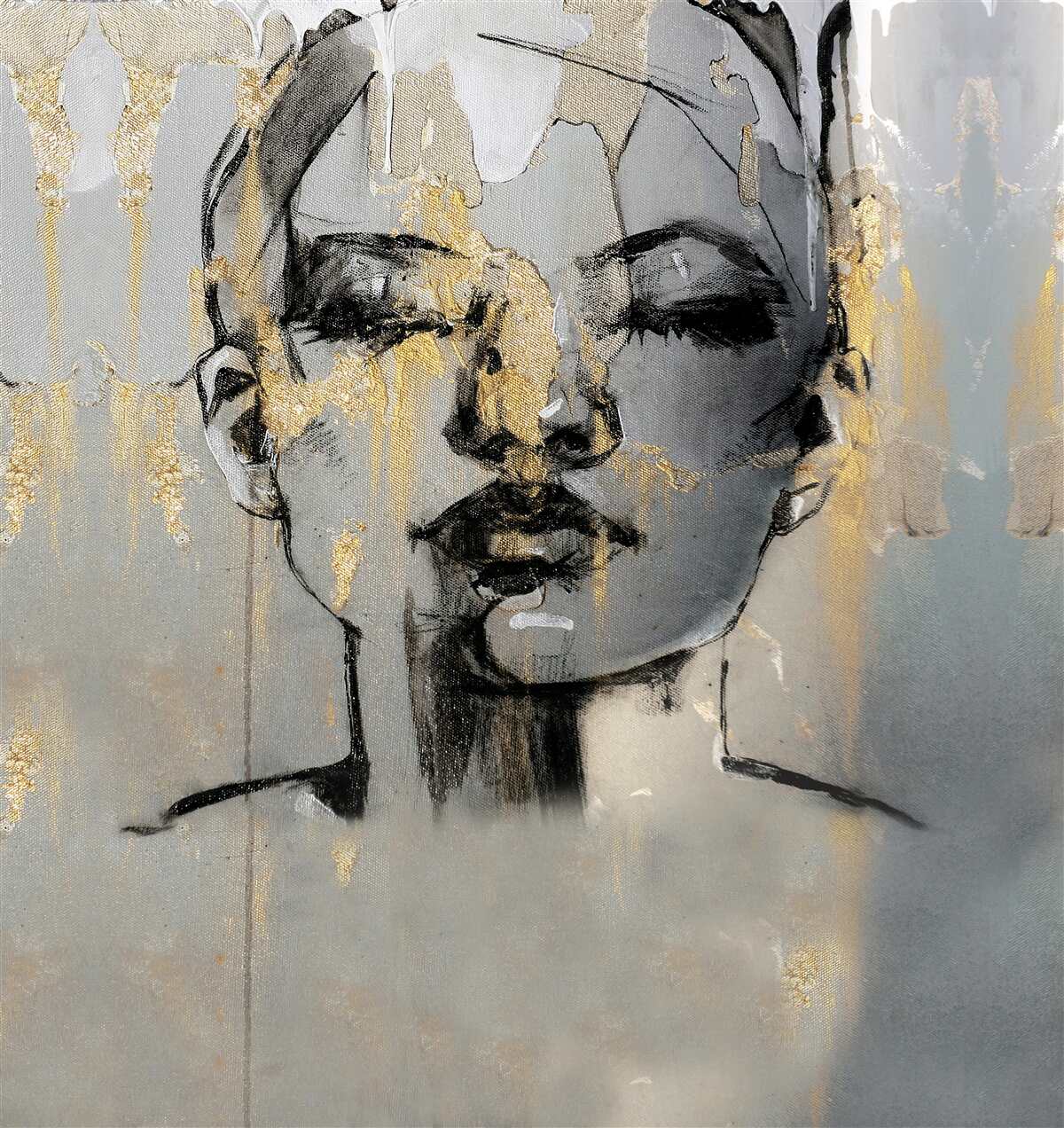 Papier peint une fille dessine une abstraction avec de la peinture noire