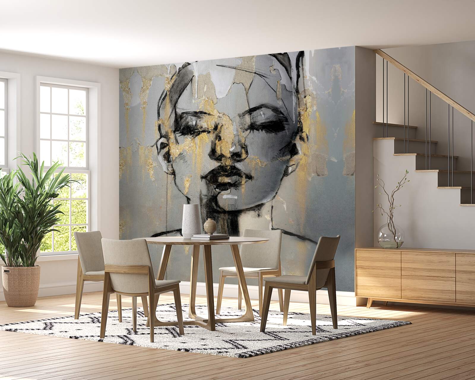 Papier peint une fille dessine une abstraction avec de la peinture noire