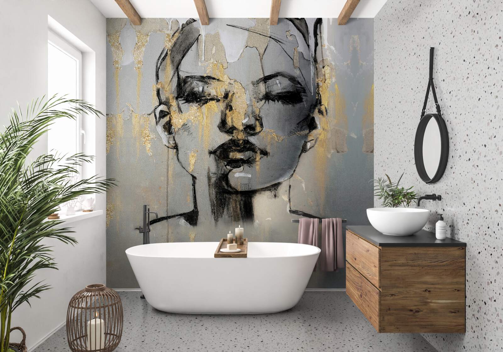 Papier peint une fille dessine une abstraction avec de la peinture noire