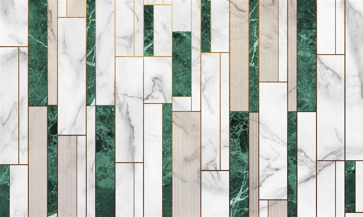 Papier peint carreaux blancs et verts en orientation verticale avec des accents dorés